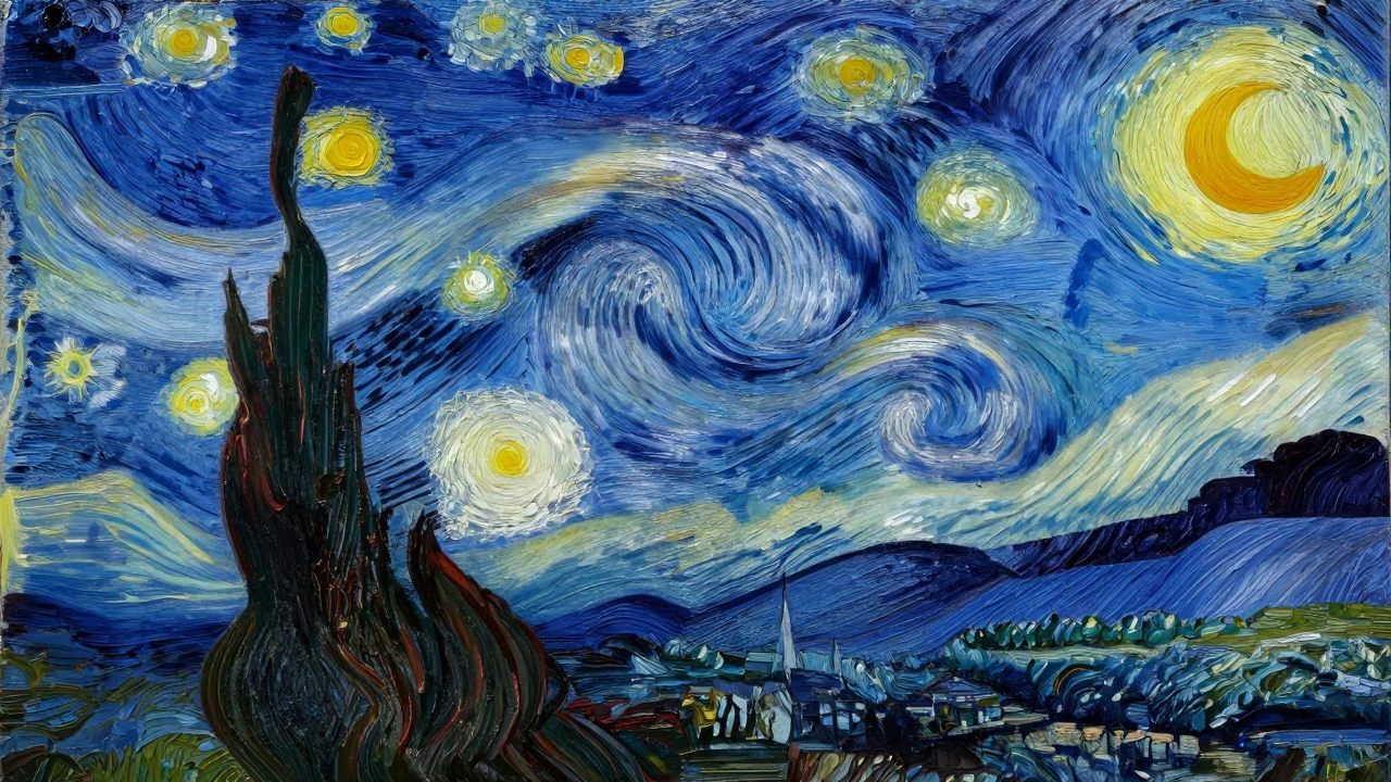 A turbulent, emotional night sky with swirling stars and glowing moon in thick paint strokes.