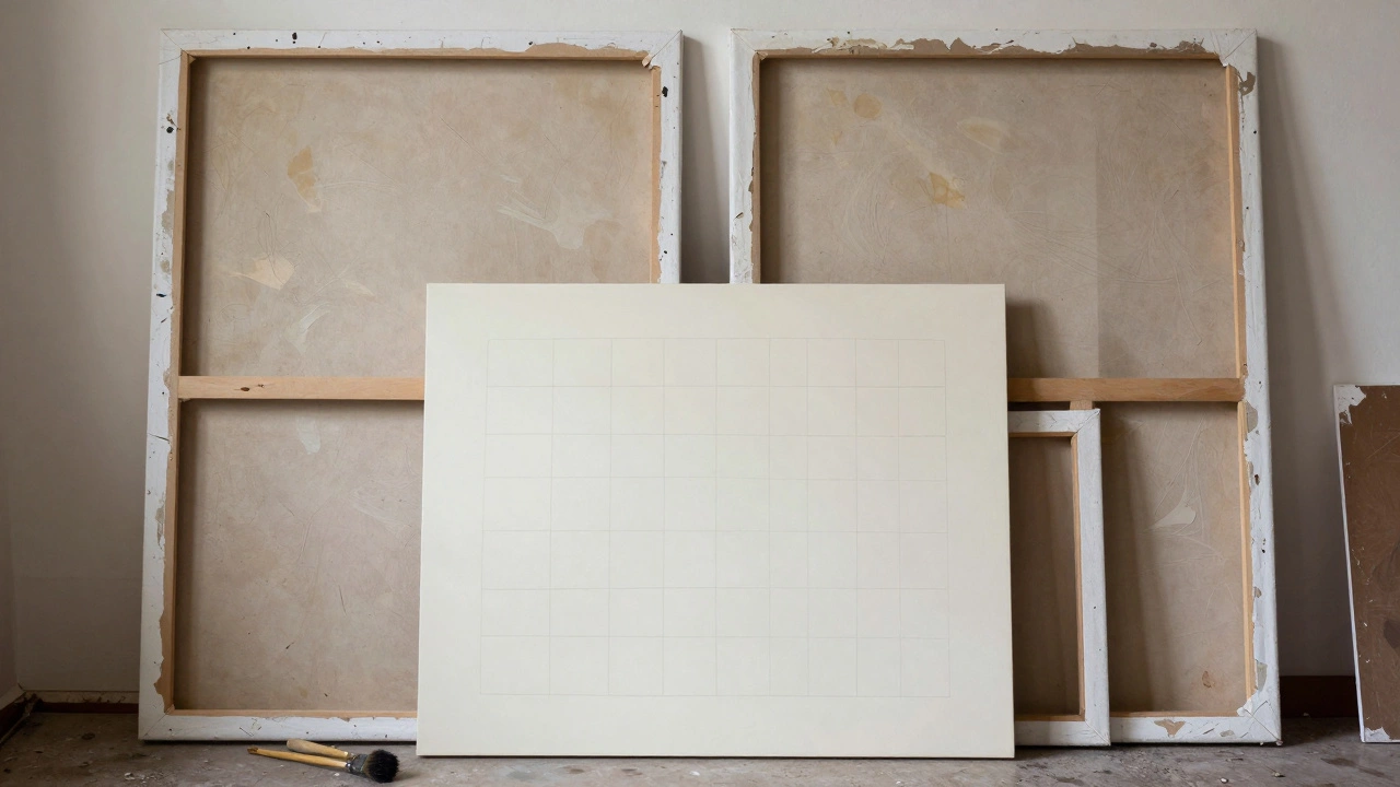 A wall of failed canvases in a studio, with one perfect abstract grid painting hanging alone.