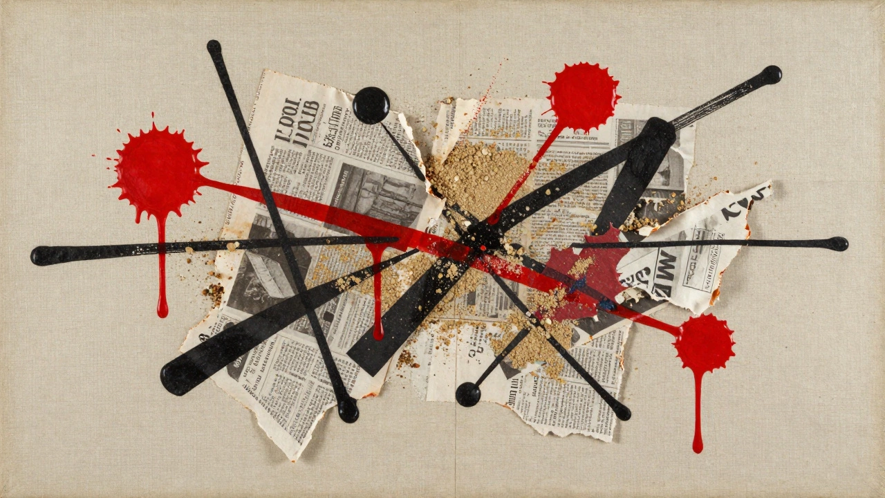 An abstract collage of dripped paint, torn paper, and textured materials on raw canvas.