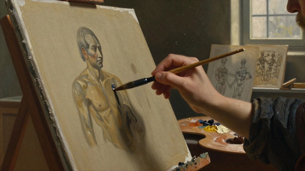 Artist hand painting oil on canvas in a Renaissance style studio.