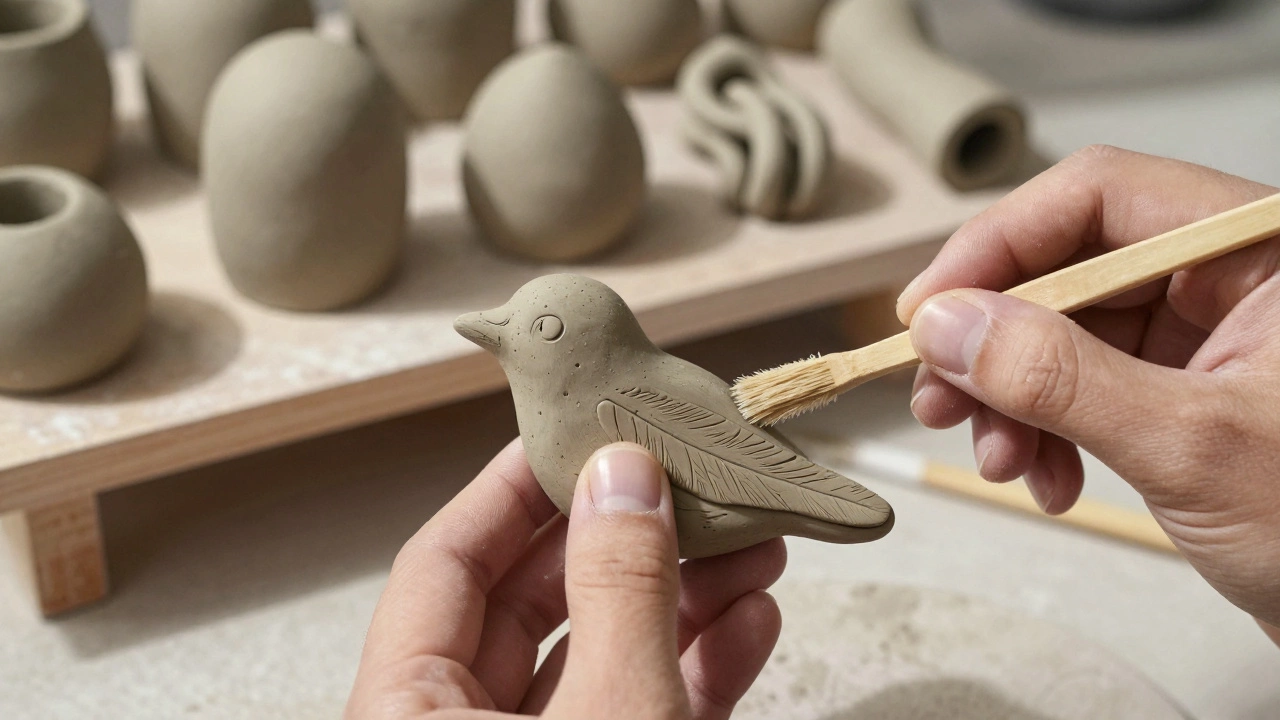 Fingers sculpting a clay bird with a skewer and toothbrush, surrounded by failed attempts.