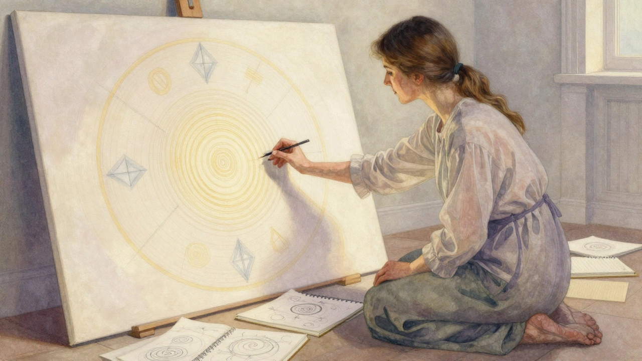 Hilma af Klint painting geometric spiritual patterns in soft watercolors under morning light.