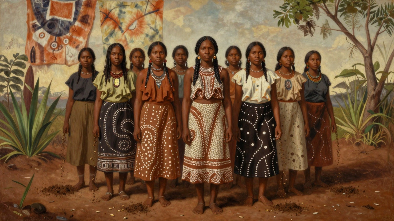 Indigenous women stand central in a reimagined colonial painting, with native dyes and soil spilling from their hands.