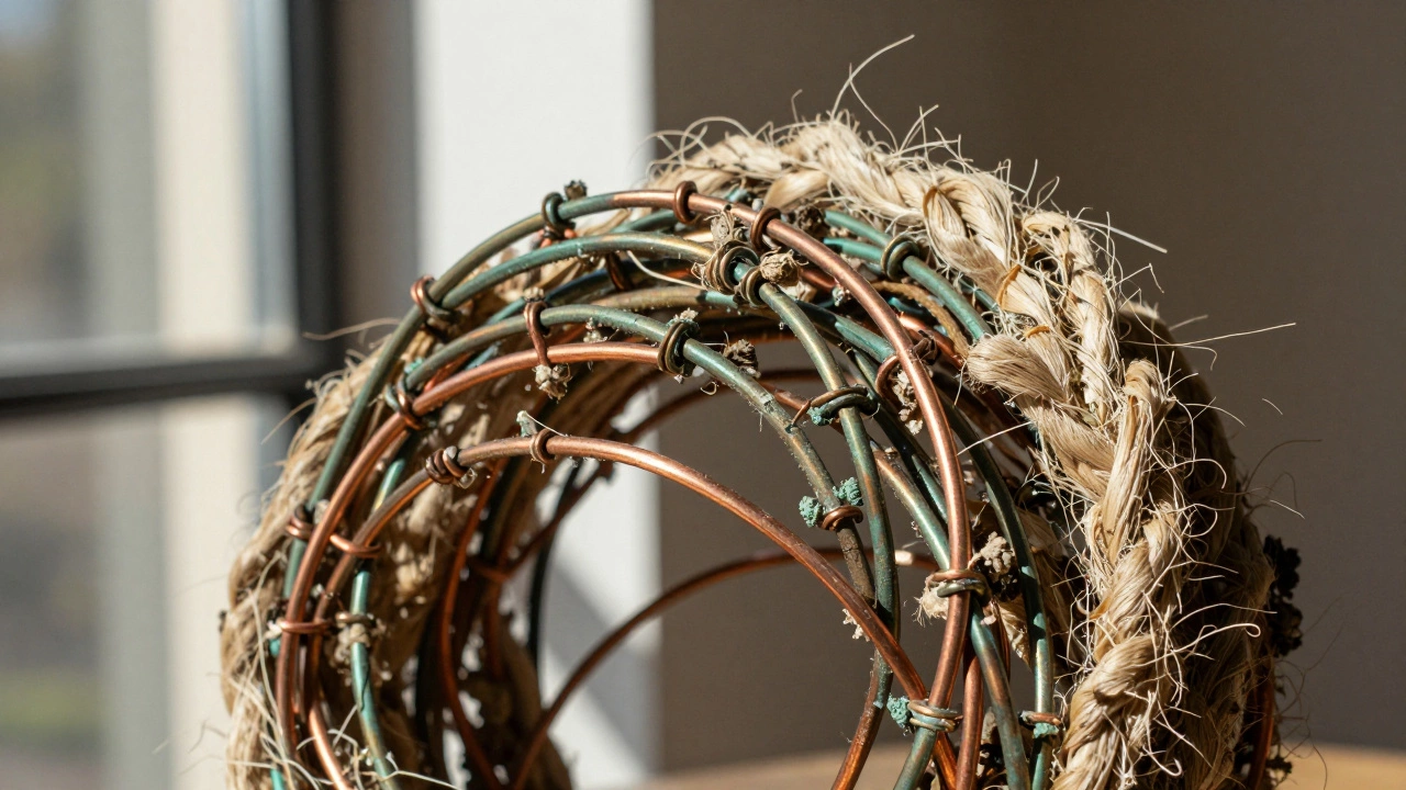 Macro view of sculpture made from recycled copper wire and organic fibers.