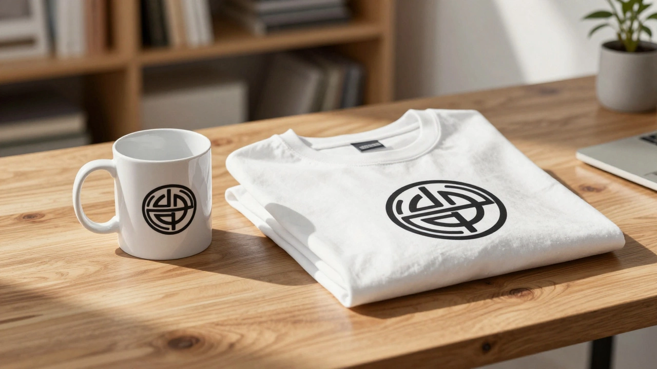 Mug and t-shirt with simple logo on wooden desk