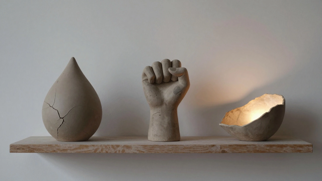 Three imperfect clay sculptures on a shelf, lit softly, each showing unique character.