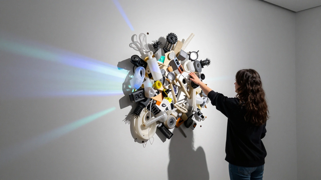 Visitor interacting with mixed media contemporary art installation.