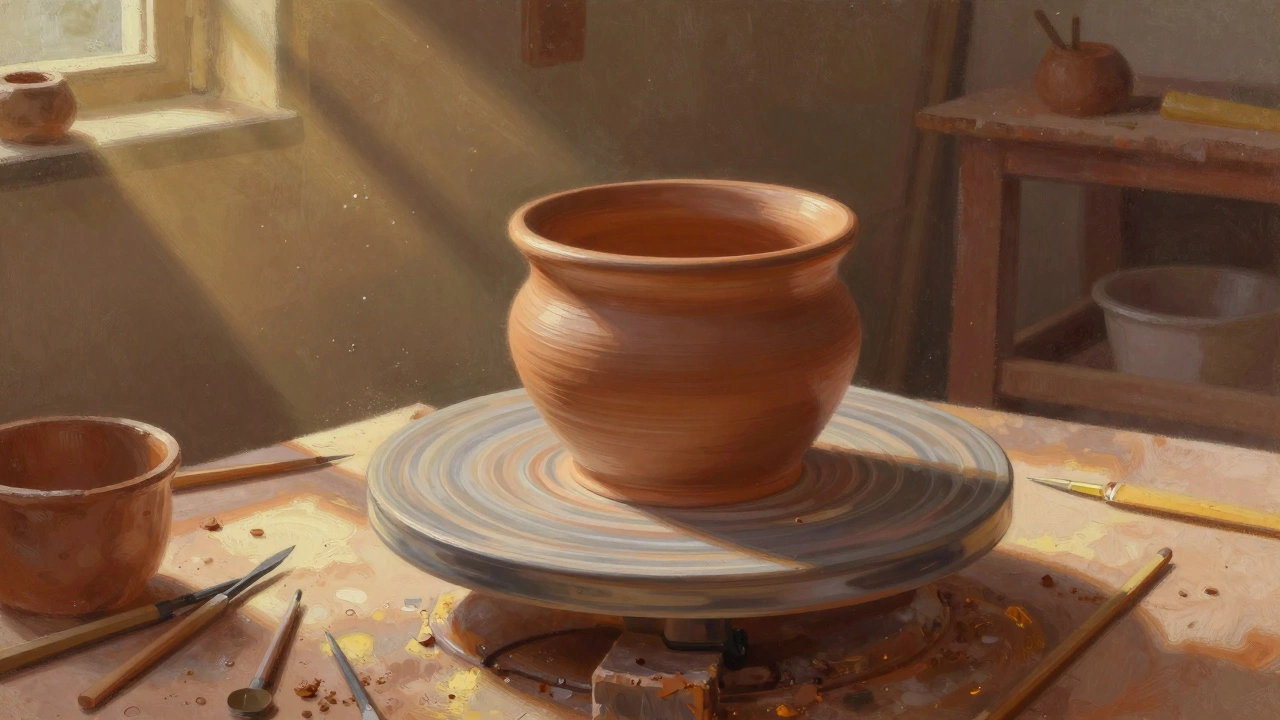 Workshop scene with unfinished ceramic pot and clay tools in warm light.