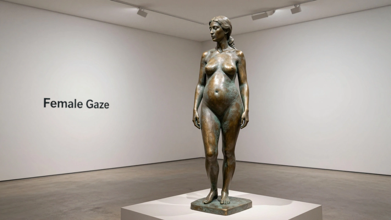 A contemporary mixed-media sculpture of a woman emphasizing realistic bodily experience in a gallery.