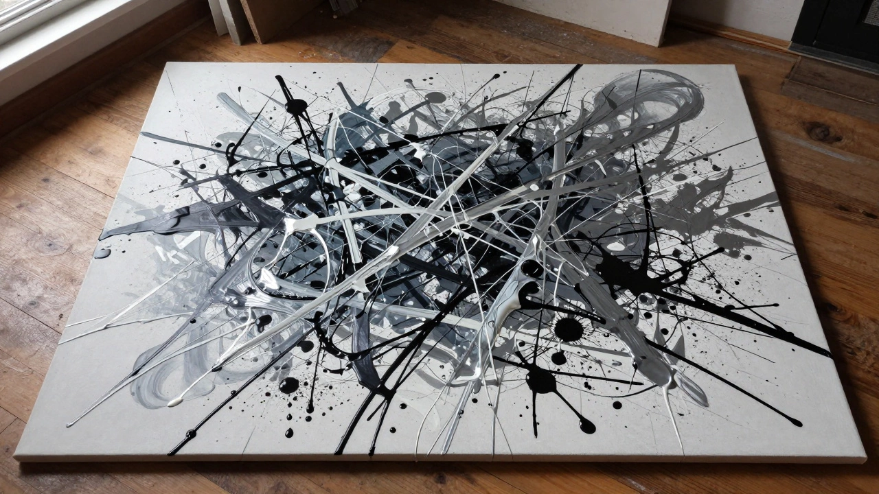 A large canvas on a studio floor covered in chaotic paint drips and splatters