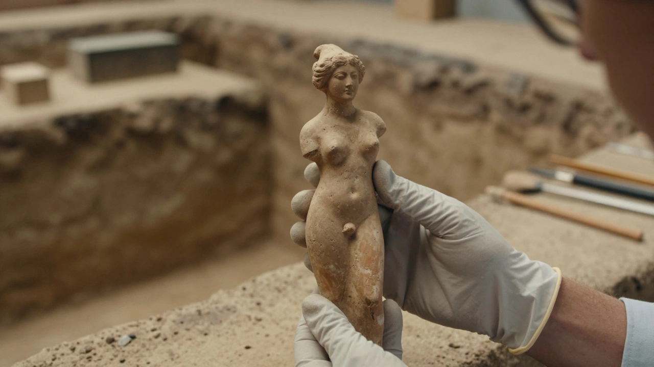 A prehistoric Venus figurine made of terracotta held by a gloved hand at an archaeological site.