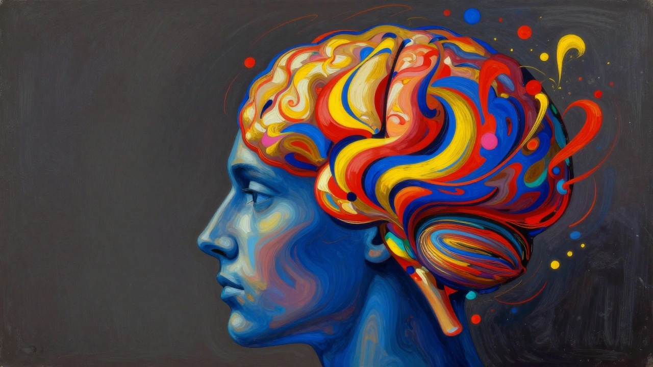 A profile of a head with a colorful abstract explosion of shapes inside the brain