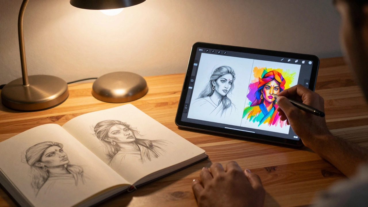 An artist's desk featuring both a traditional sketchbook and a digital drawing tablet