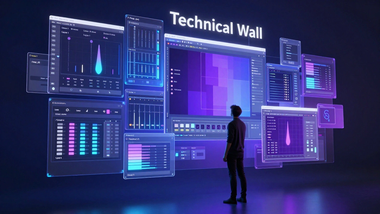 An artist facing a wall of complex digital software layers and technical settings