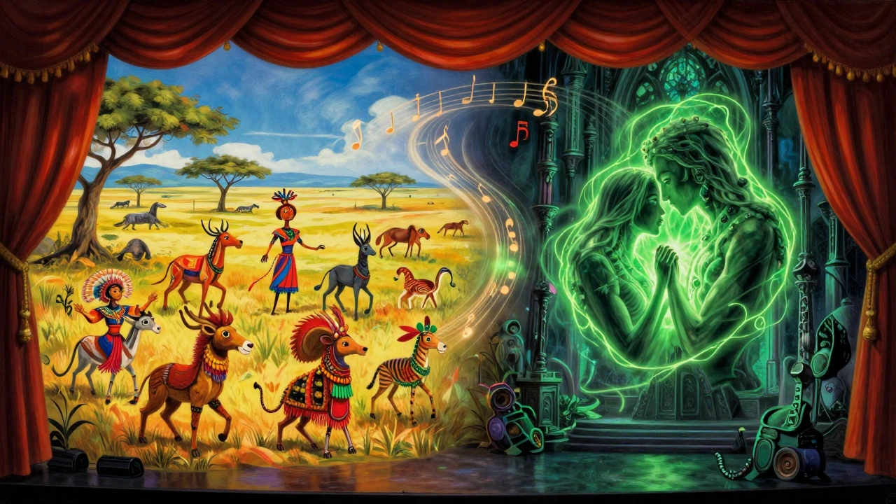 Conceptual art blending a colorful savanna spectacle with a moody fantasy stage