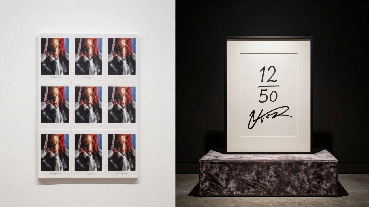 Contrast between a stack of common posters and a single rare limited edition numbered print
