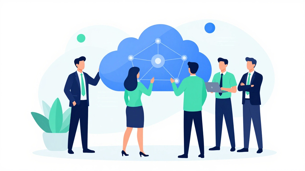 Flat-style corporate illustration of professionals interacting with a holographic tech interface.