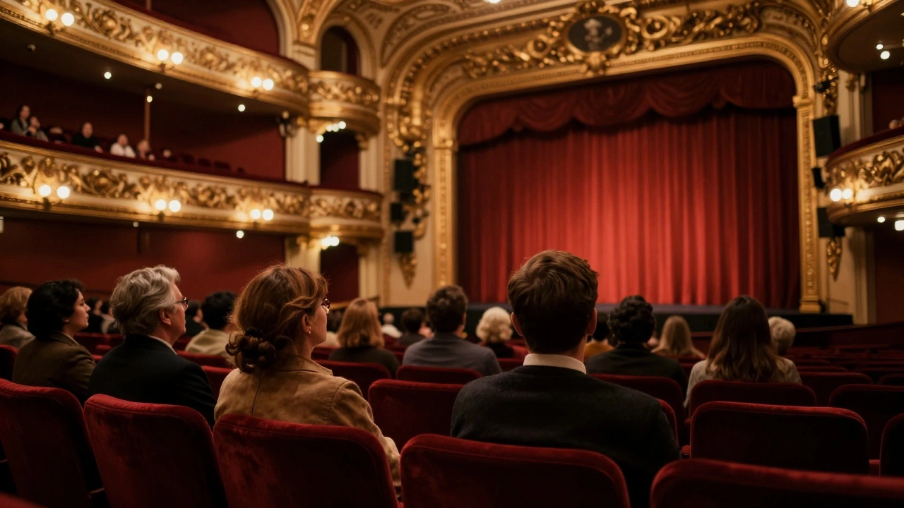 Interior view of a historic Broadway theater with red velvet seats and a grand curtain