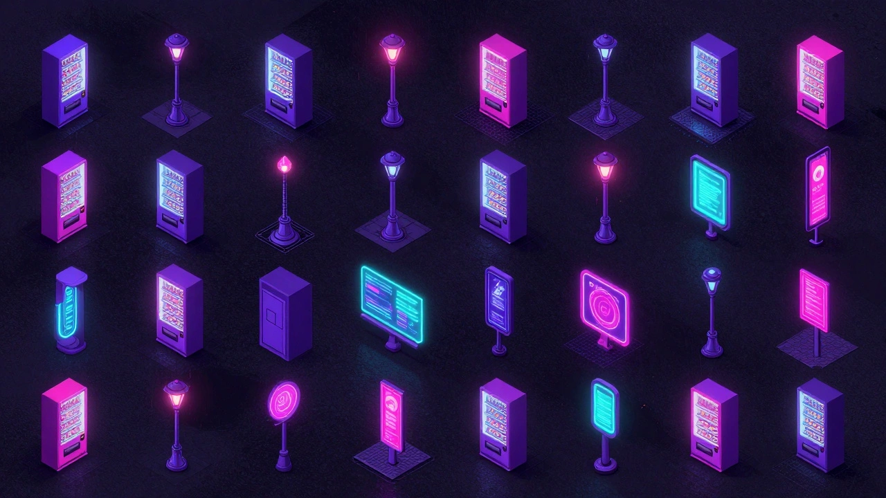 Isometric cyberpunk city asset kit featuring neon signs and futuristic street elements.