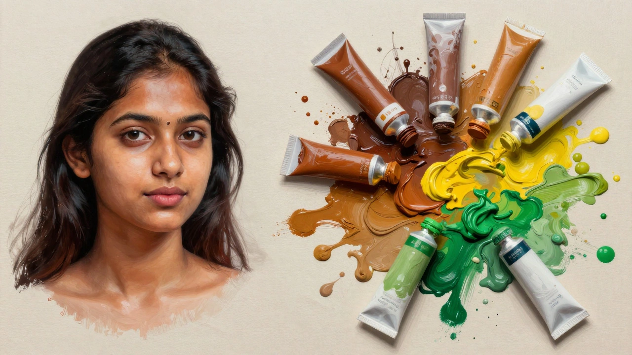 Abstract mix of pigments next to a vibrant portrait showing color harmony.