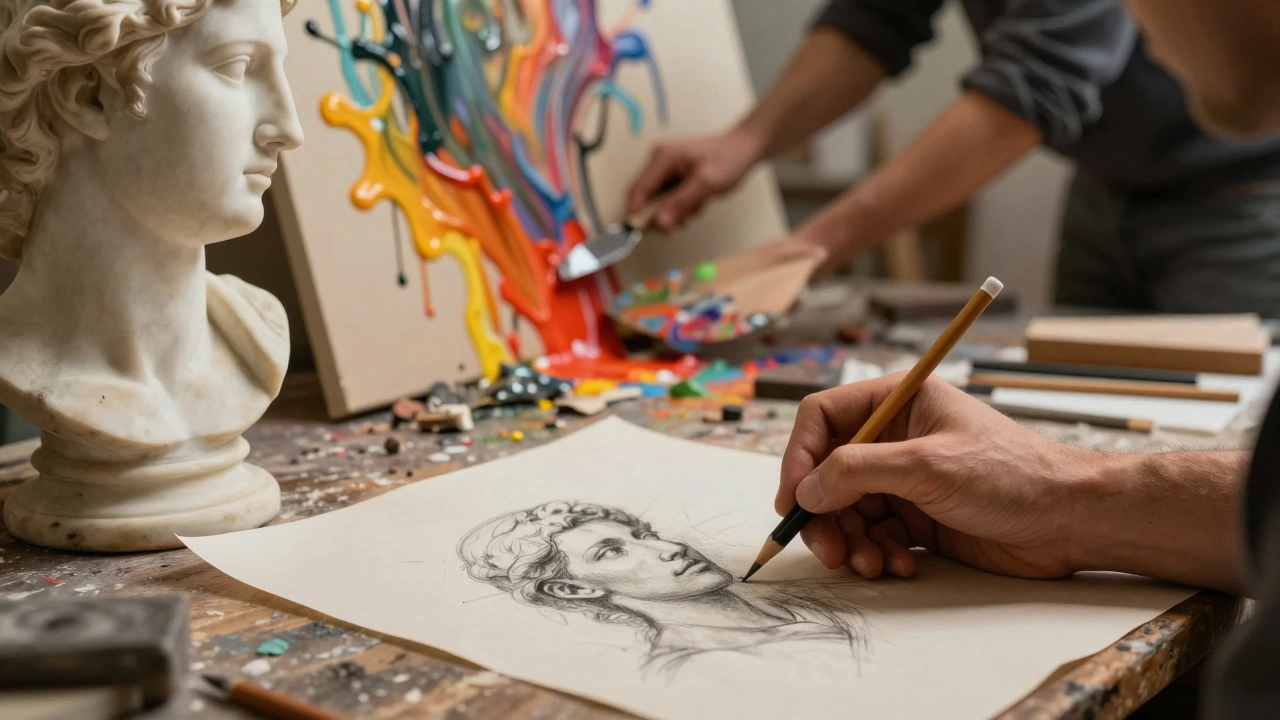Artist hands contrasting traditional charcoal sketching with modern expressive paint splashing techniques.