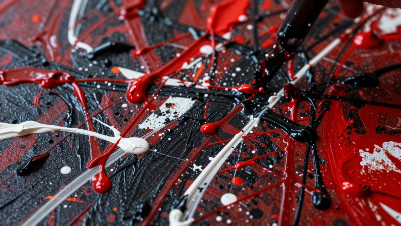 Close up of abstract expressionist paint splatters on a canvas