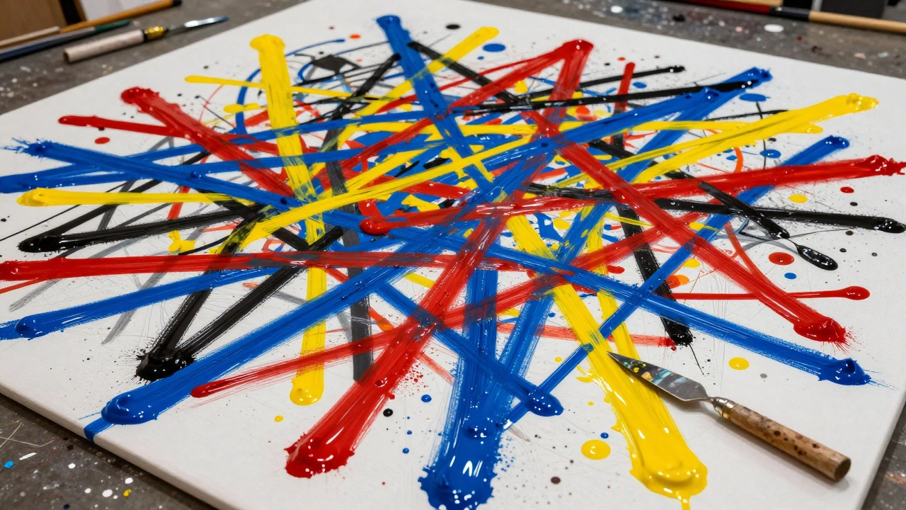 Close up of dripping paint on a canvas floor