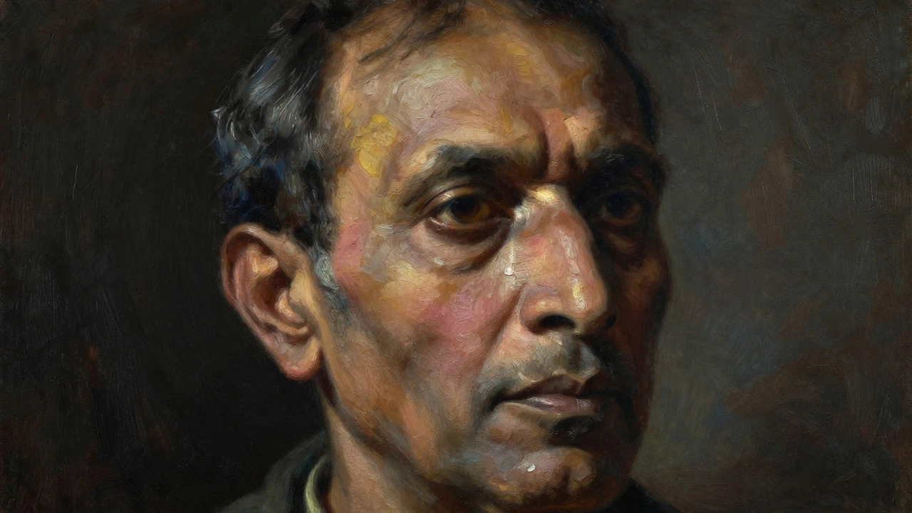 Close-up portrait using dramatic Rembrandt lighting and textured oil paint.