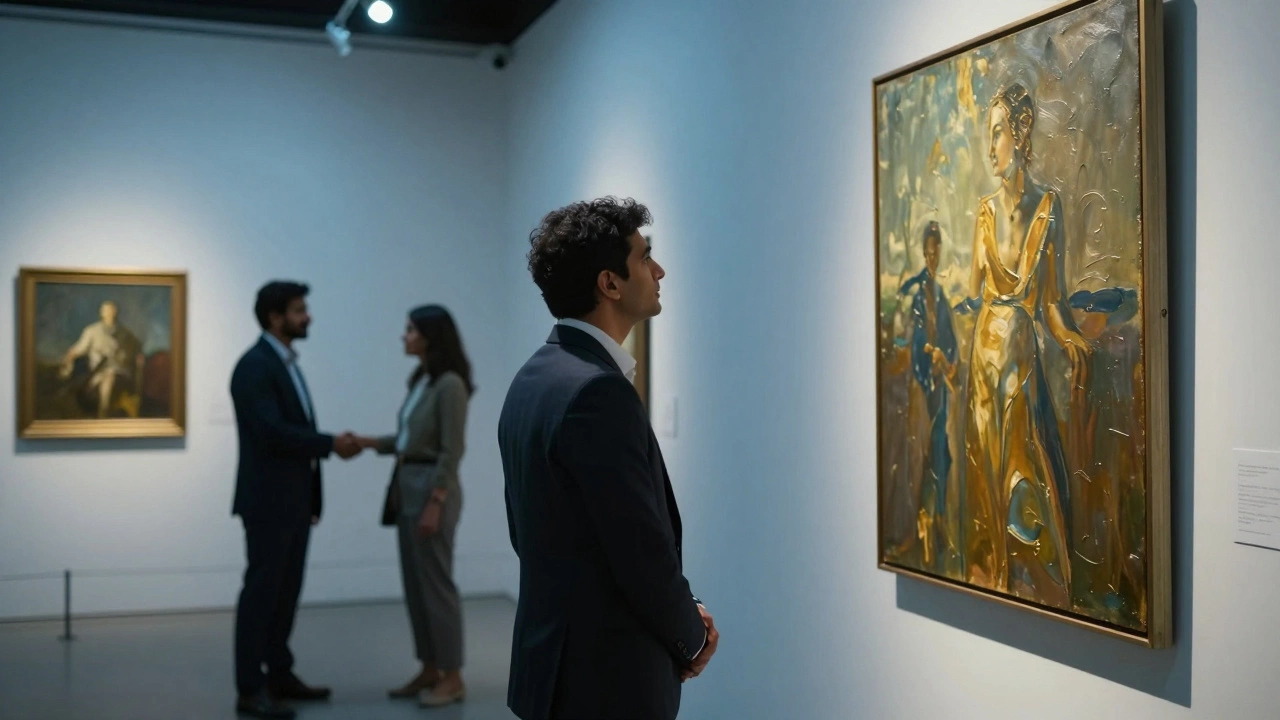Collector viewing a painting in a sophisticated gallery setting