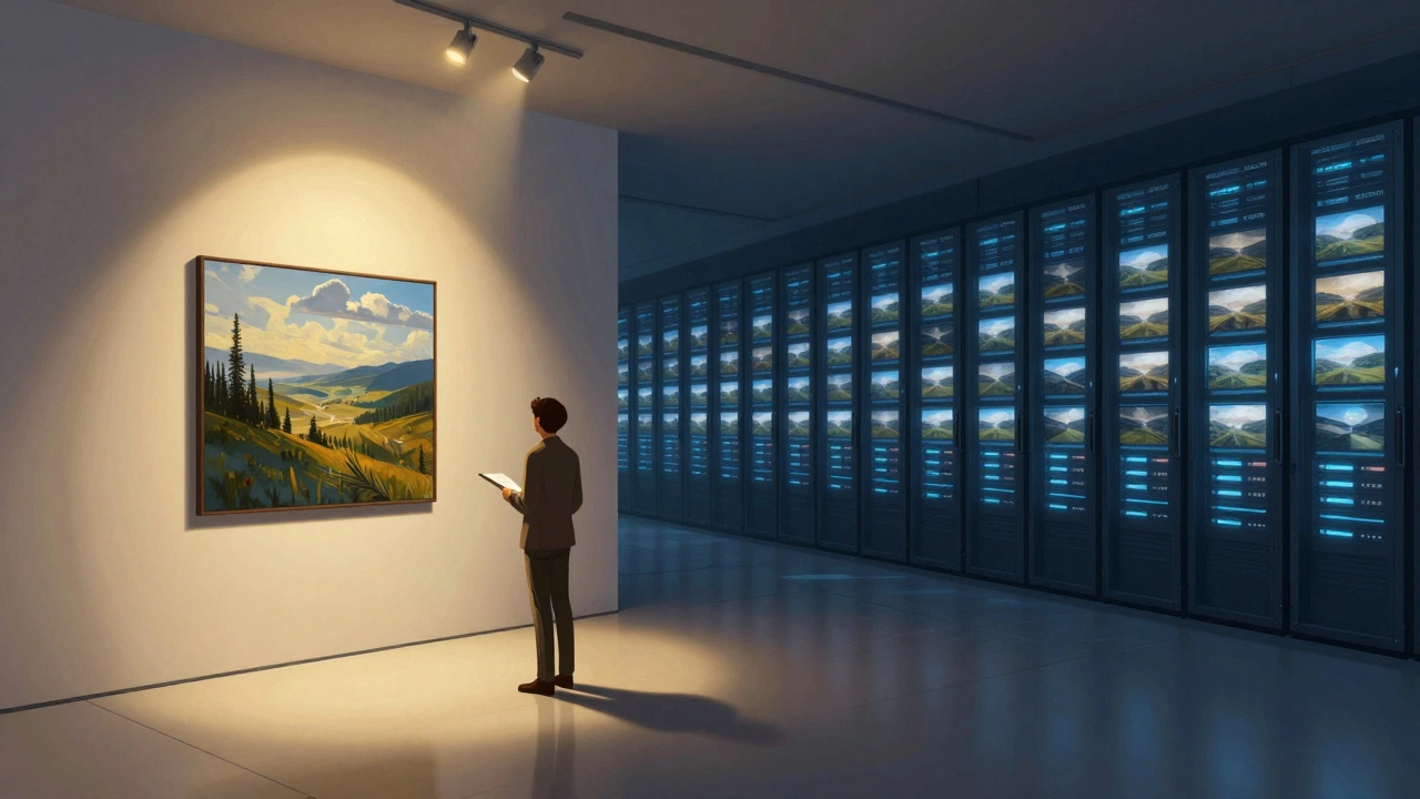Conceptual art contrasting exclusive fine art gallery sales with mass-market stock photo libraries.