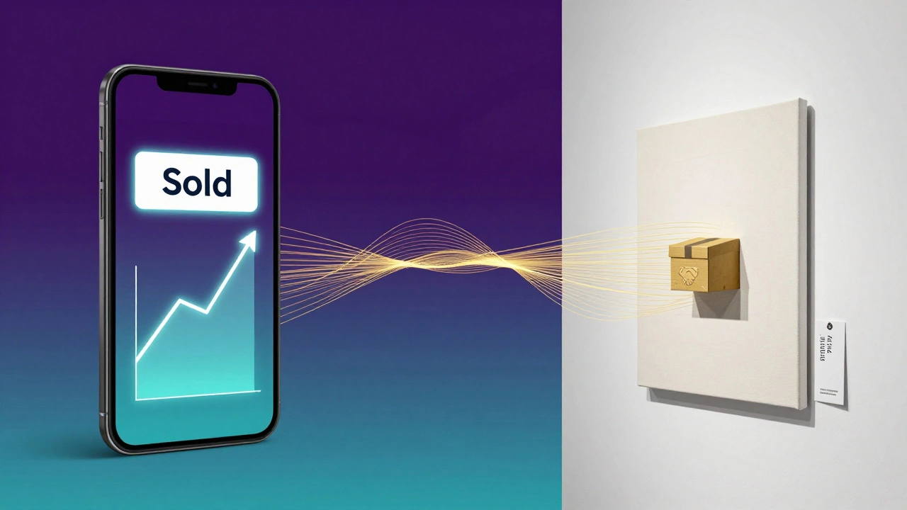 Conceptual blend of online sales notifications and physical gallery art