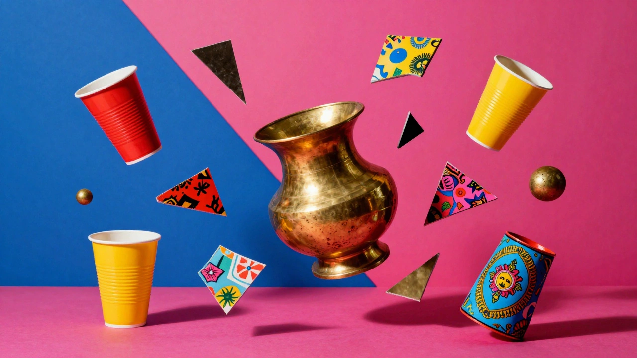 Deconstructed brass vessel and pop art consumer items in studio light