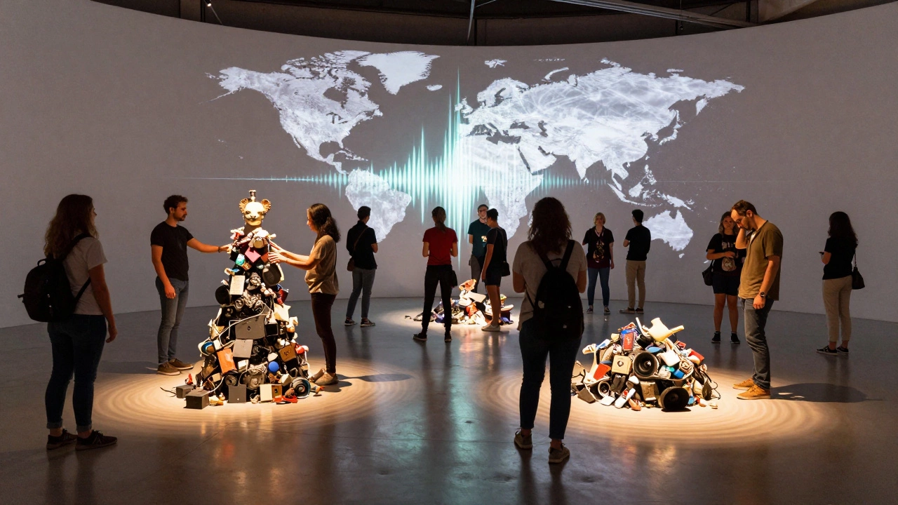 Diverse crowd interacting with immersive mixed-media art installation
