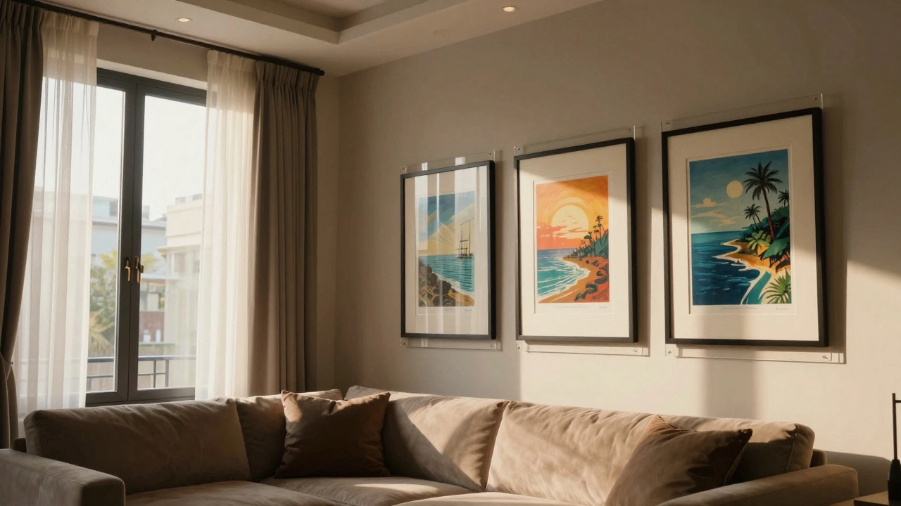 Framed giclée prints displayed safely in a sun-protected modern living room.