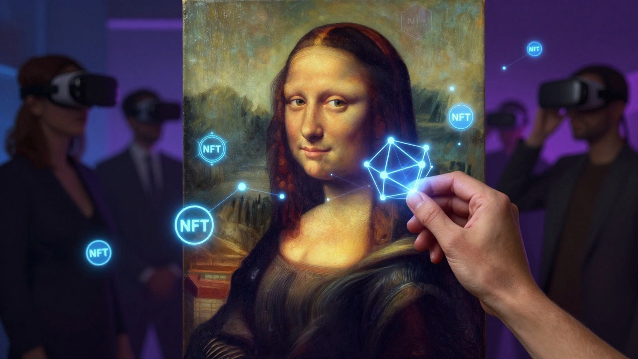 Oil painting transforming into digital blockchain tokens and VR collectors