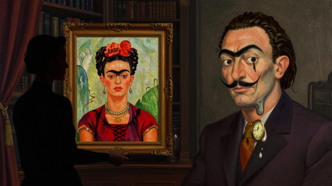 Shadowy figures holding Kahlo and Dali paintings in a secret library