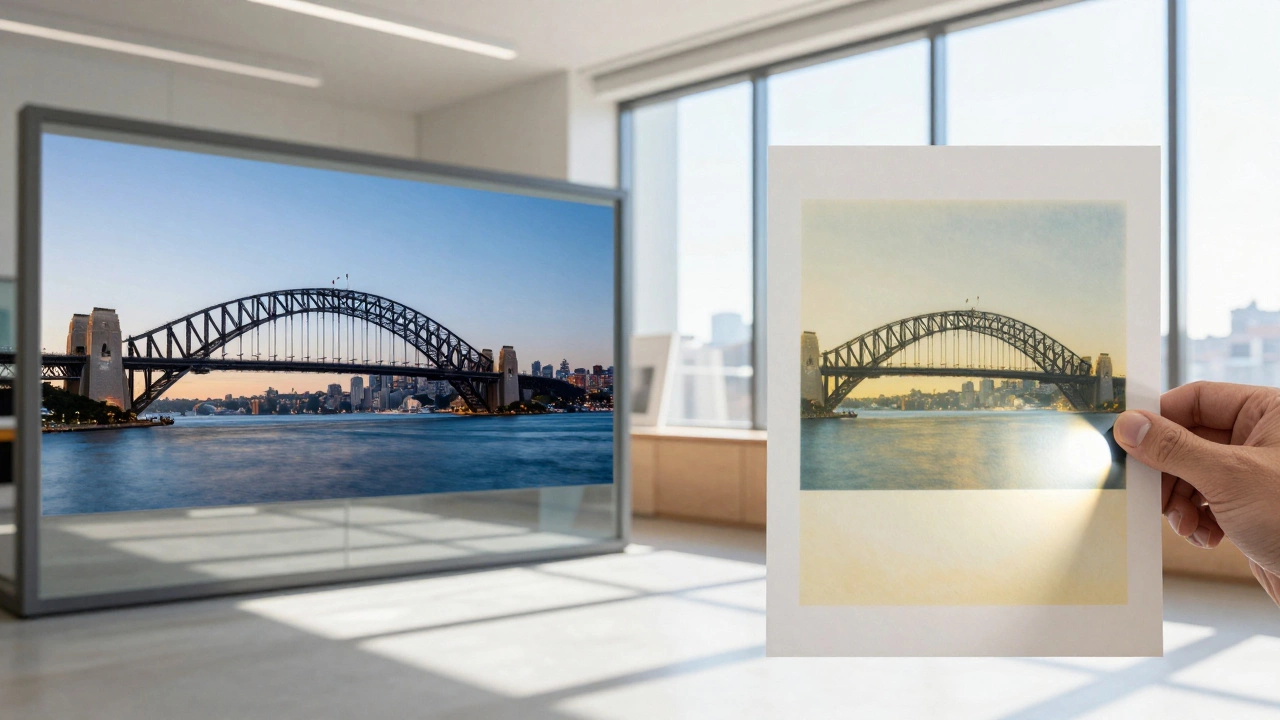 Side-by-side comparison of a vibrant giclée print versus a faded standard print.