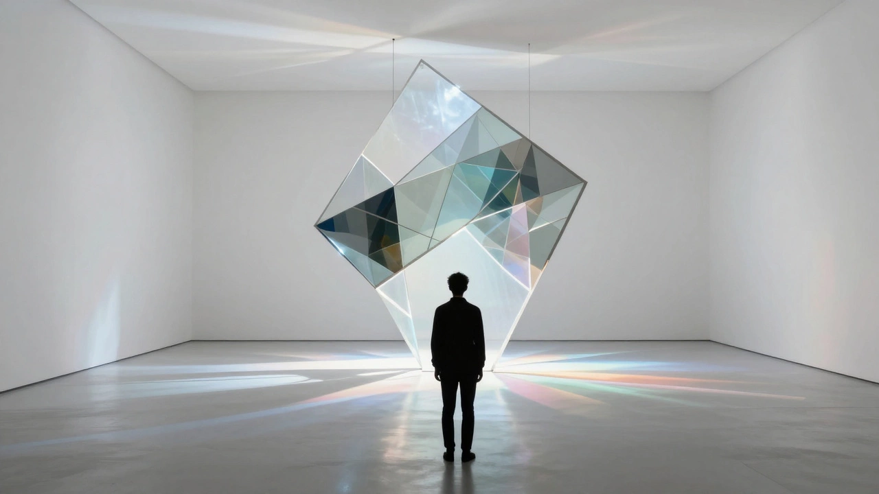 Silhouette of a viewer contemplating a fragmented geometric sculpture in a bright, empty gallery space.