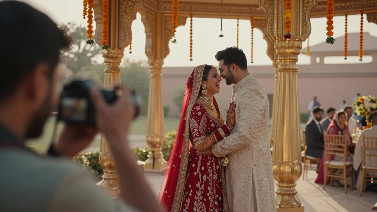 Wedding photographer capturing an emotional moment between a bride and groom at a luxury event.