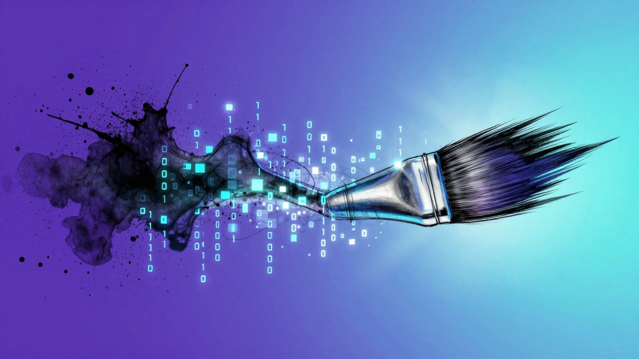 Abstract visualization of traditional paint turning into digital pixels
