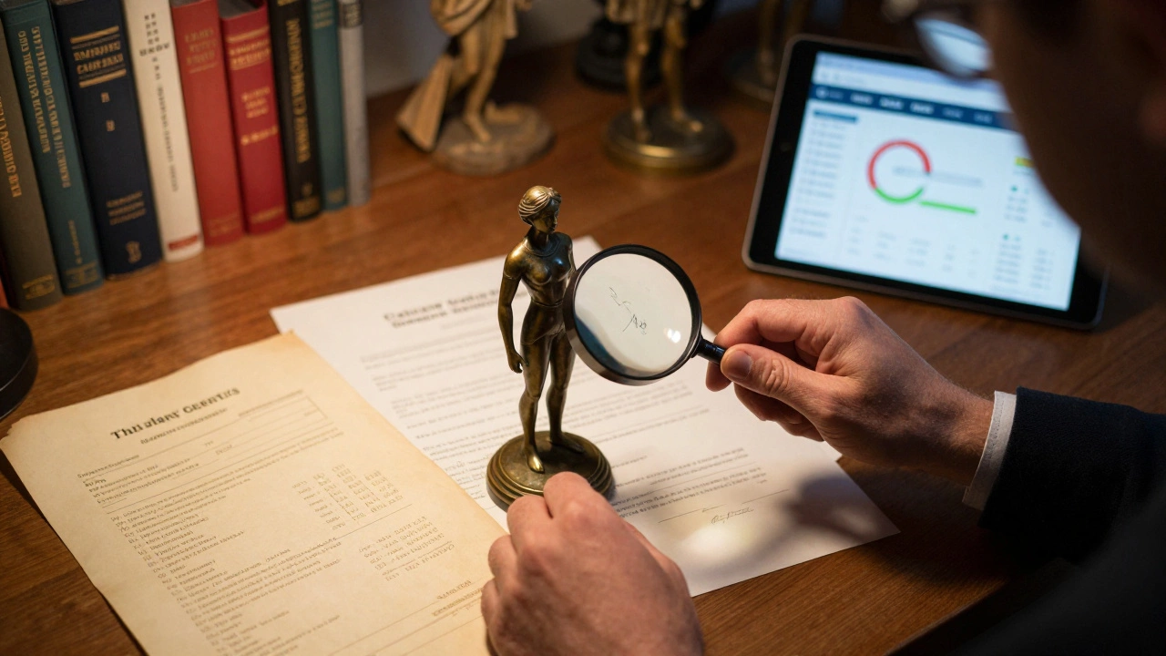 Appraiser inspecting a signed bronze statue with a magnifying glass