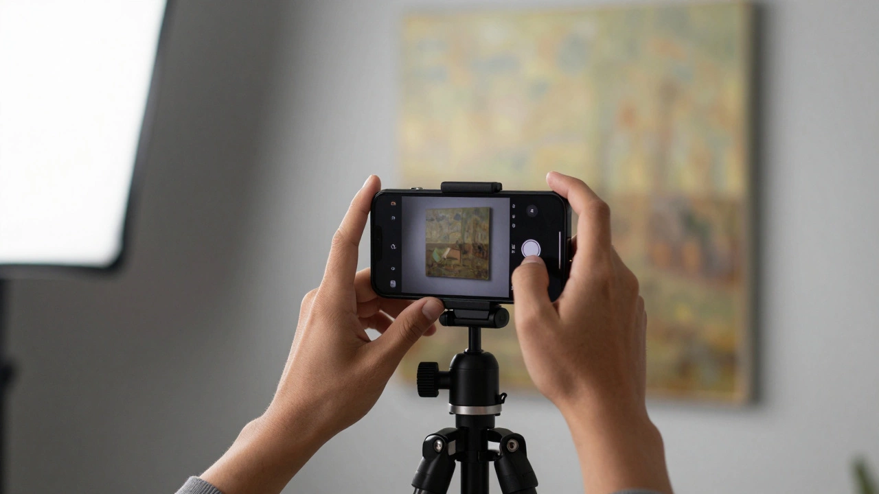 Artist photographing an oil painting with a smartphone and tripod setup