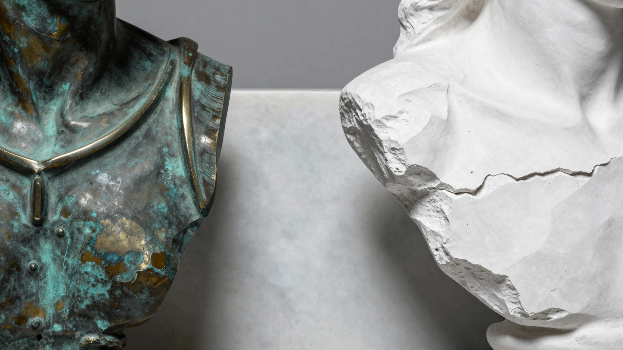 Close-up comparison of bronze, marble, and plaster sculpture materials