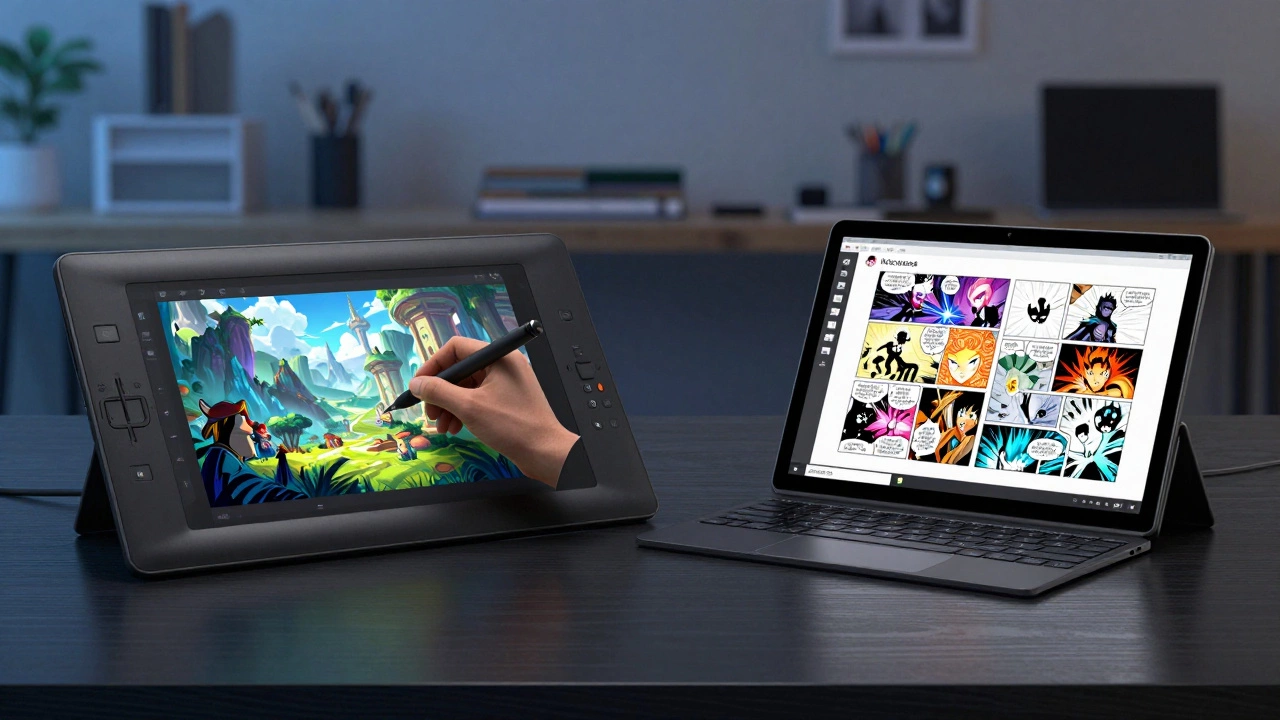 Close-up of Wacom Cintiq and Surface Pro displaying digital art
