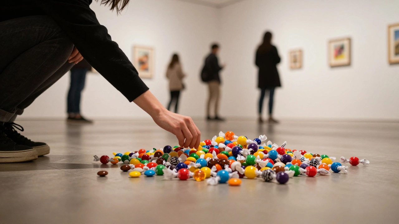 Colorful candy pile on a gallery floor with visitors taking pieces from the installation.