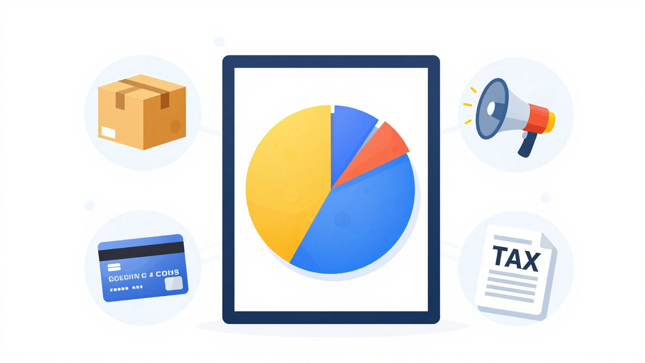 Conceptual graphic showing icons of shipping, fees, and taxes around an art print