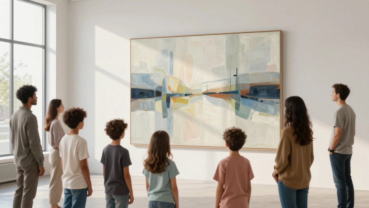 Diverse visitors appreciating abstract art in a modern museum