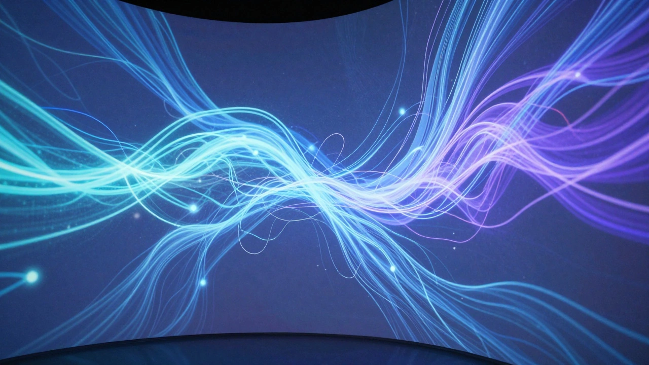 Ethereal blue and purple AI-generated data projections flowing across a gallery wall.