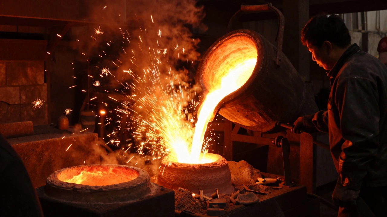 Foundry artist pouring molten bronze into a mold