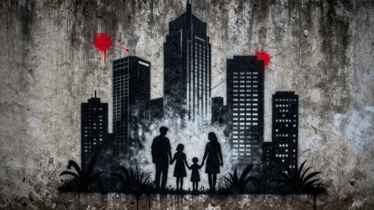 Gritty stencil art depicting social protest on rainy concrete wall